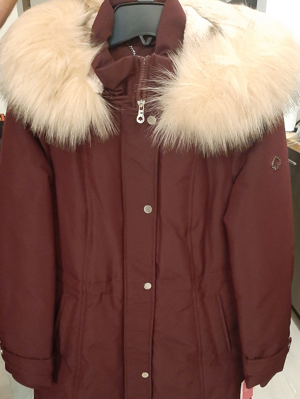 kate spade Burgundy Puffer Coat with Cream Faux Fur Trim